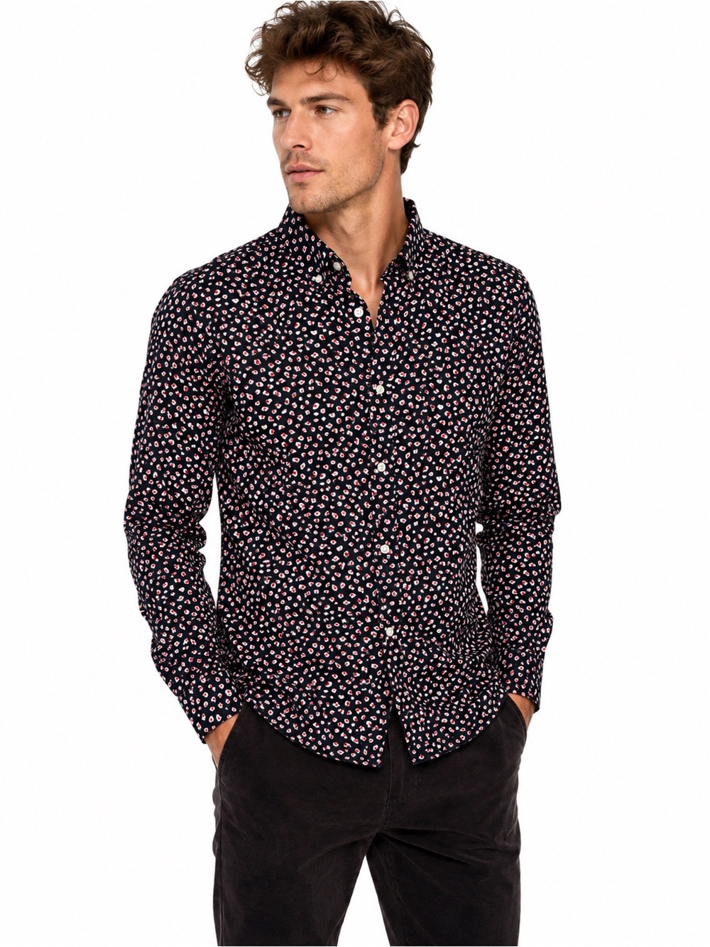 Club Monaco Slim Fit Size Small Black Button-Down Shirt with Pink and White